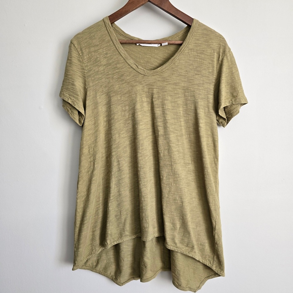Wilt Slub Knit V-Neck Tee Women Size L Olive Green High Low Hem Boho Minimalist